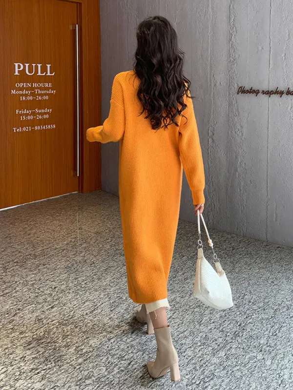 Stylish Long Sleeves Split-Front Solid Color High-Neck Sweater Tops