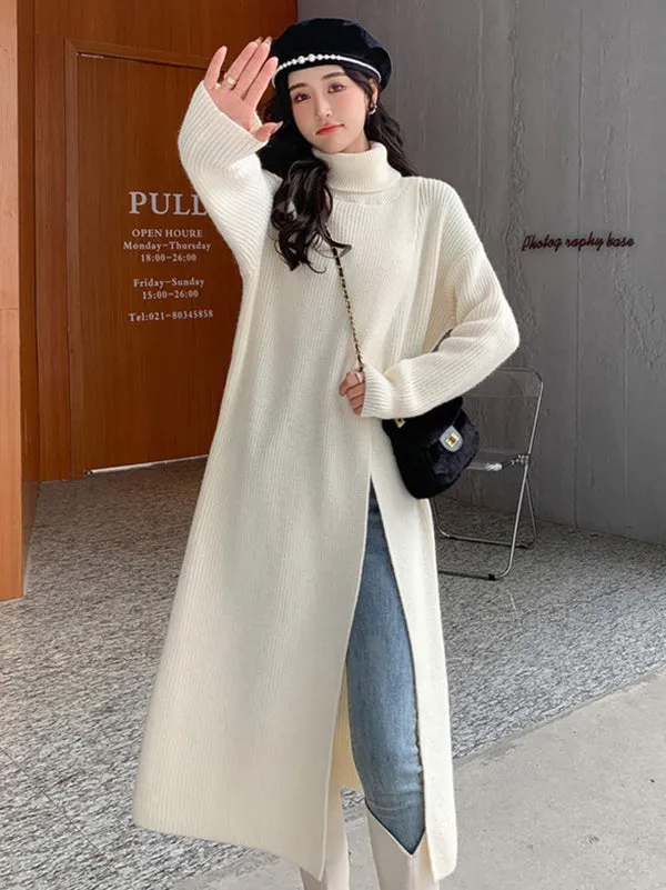 Stylish Long Sleeves Split-Front Solid Color High-Neck Sweater Tops