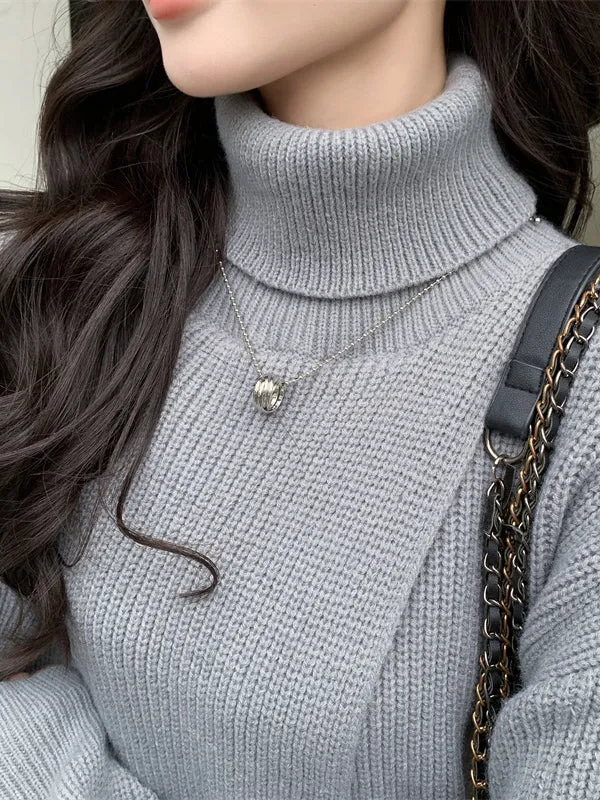 Stylish Long Sleeves Split-Front Solid Color High-Neck Sweater Tops