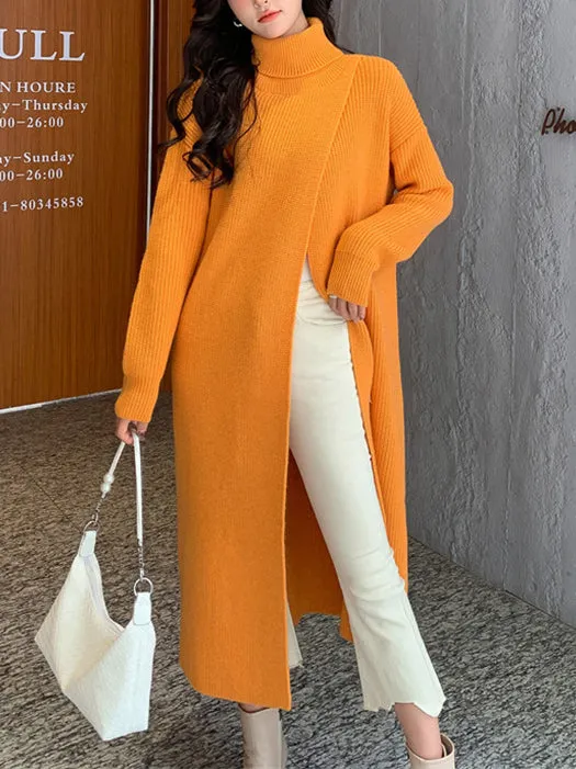 Stylish Long Sleeves Split-Front Solid Color High-Neck Sweater Tops