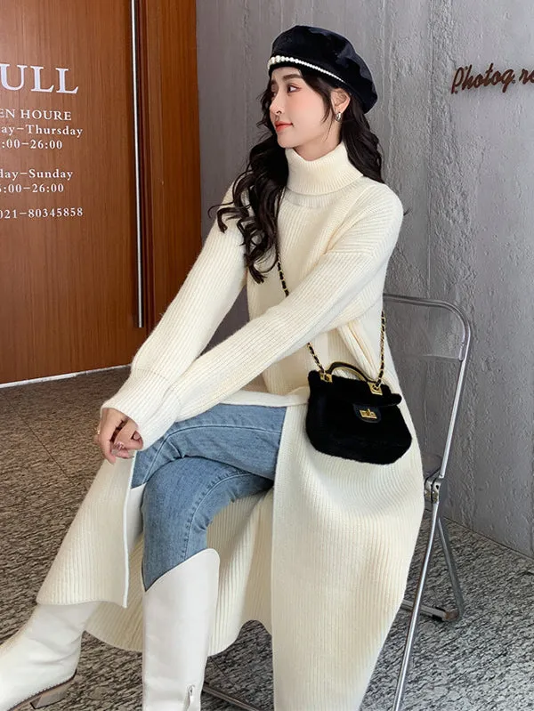 Stylish Long Sleeves Split-Front Solid Color High-Neck Sweater Tops