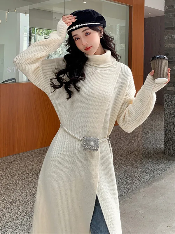 Stylish Long Sleeves Split-Front Solid Color High-Neck Sweater Tops