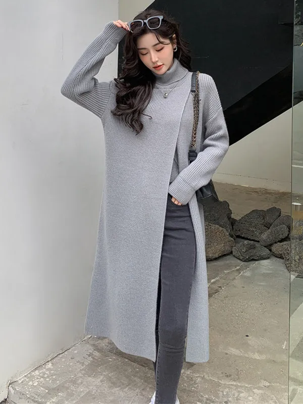 Stylish Long Sleeves Split-Front Solid Color High-Neck Sweater Tops