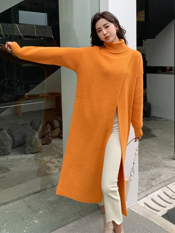 Stylish Long Sleeves Split-Front Solid Color High-Neck Sweater Tops