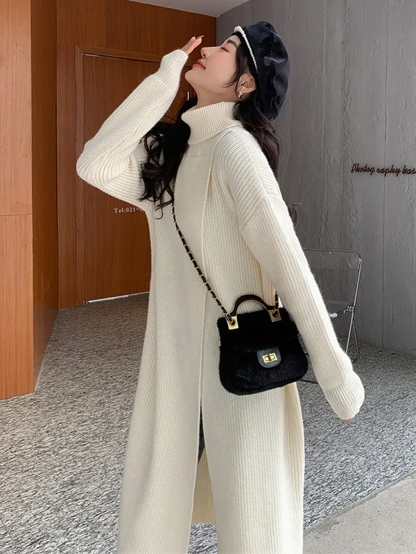 Stylish Long Sleeves Split-Front Solid Color High-Neck Sweater Tops