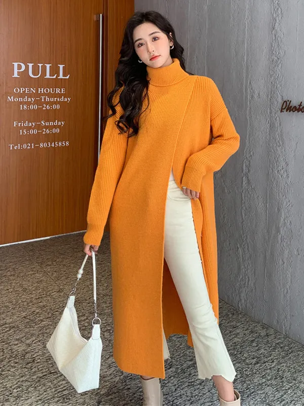 Stylish Long Sleeves Split-Front Solid Color High-Neck Sweater Tops