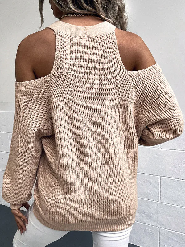 Trendy Tops Loose Solid Color V-Neck Cold Shoulder Cardigan Tops