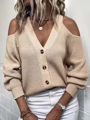 Trendy Tops Loose Solid Color V-Neck Cold Shoulder Cardigan Tops