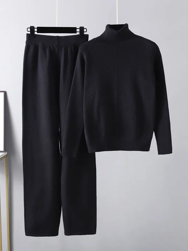 Urban Long Sleeves Loose Solid Half Turtleneck Sweater Tops & Wide Leg Pants Two Pieces Set