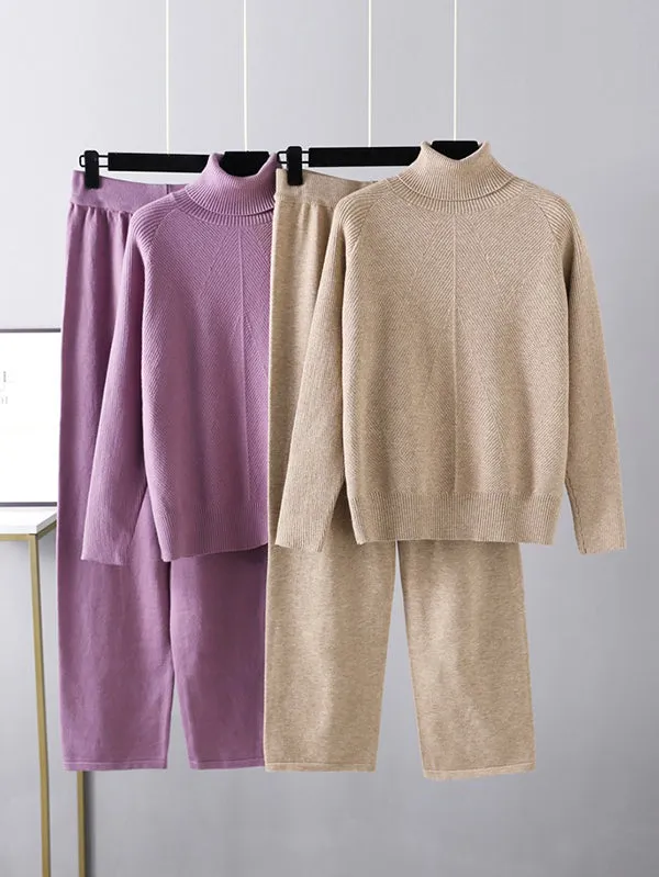 Urban Long Sleeves Loose Solid Half Turtleneck Sweater Tops & Wide Leg Pants Two Pieces Set