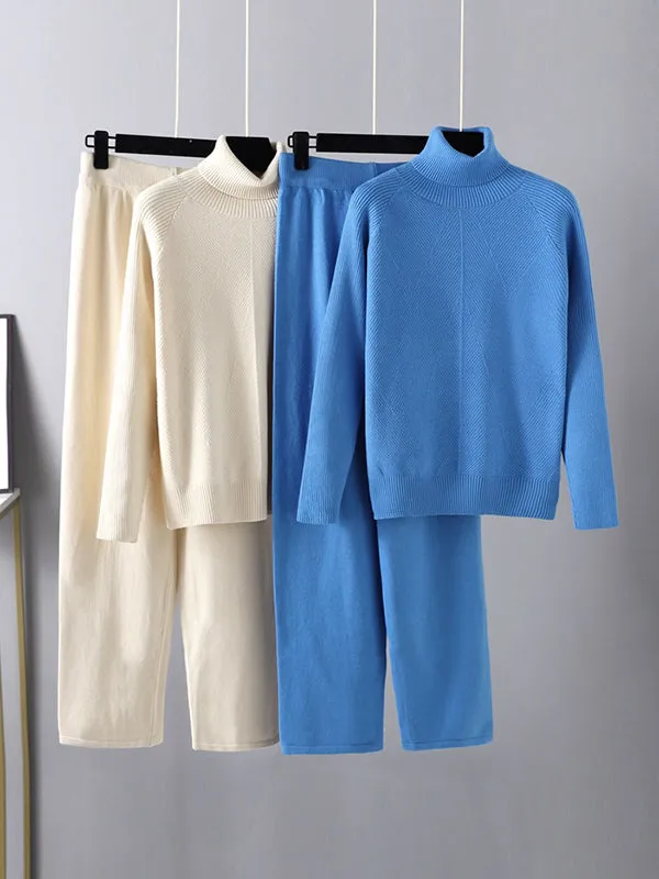 Urban Long Sleeves Loose Solid Half Turtleneck Sweater Tops & Wide Leg Pants Two Pieces Set