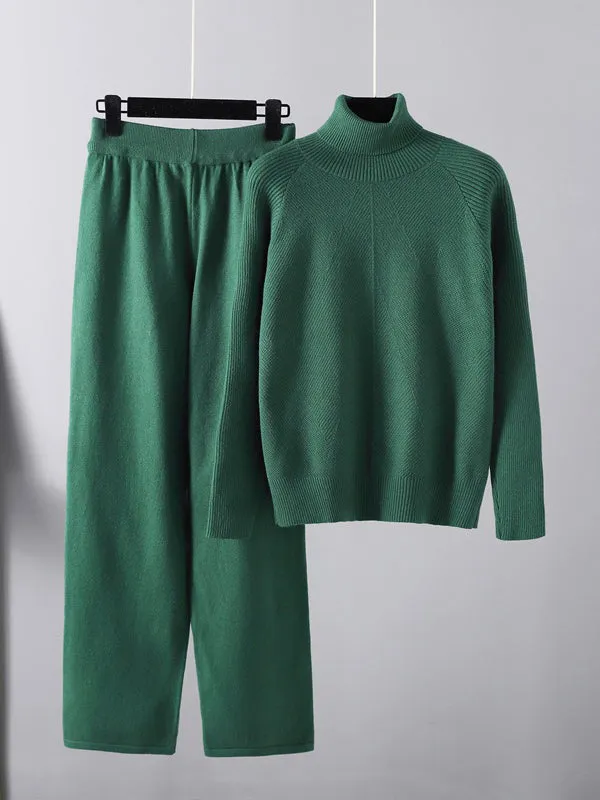 Urban Long Sleeves Loose Solid Half Turtleneck Sweater Tops & Wide Leg Pants Two Pieces Set