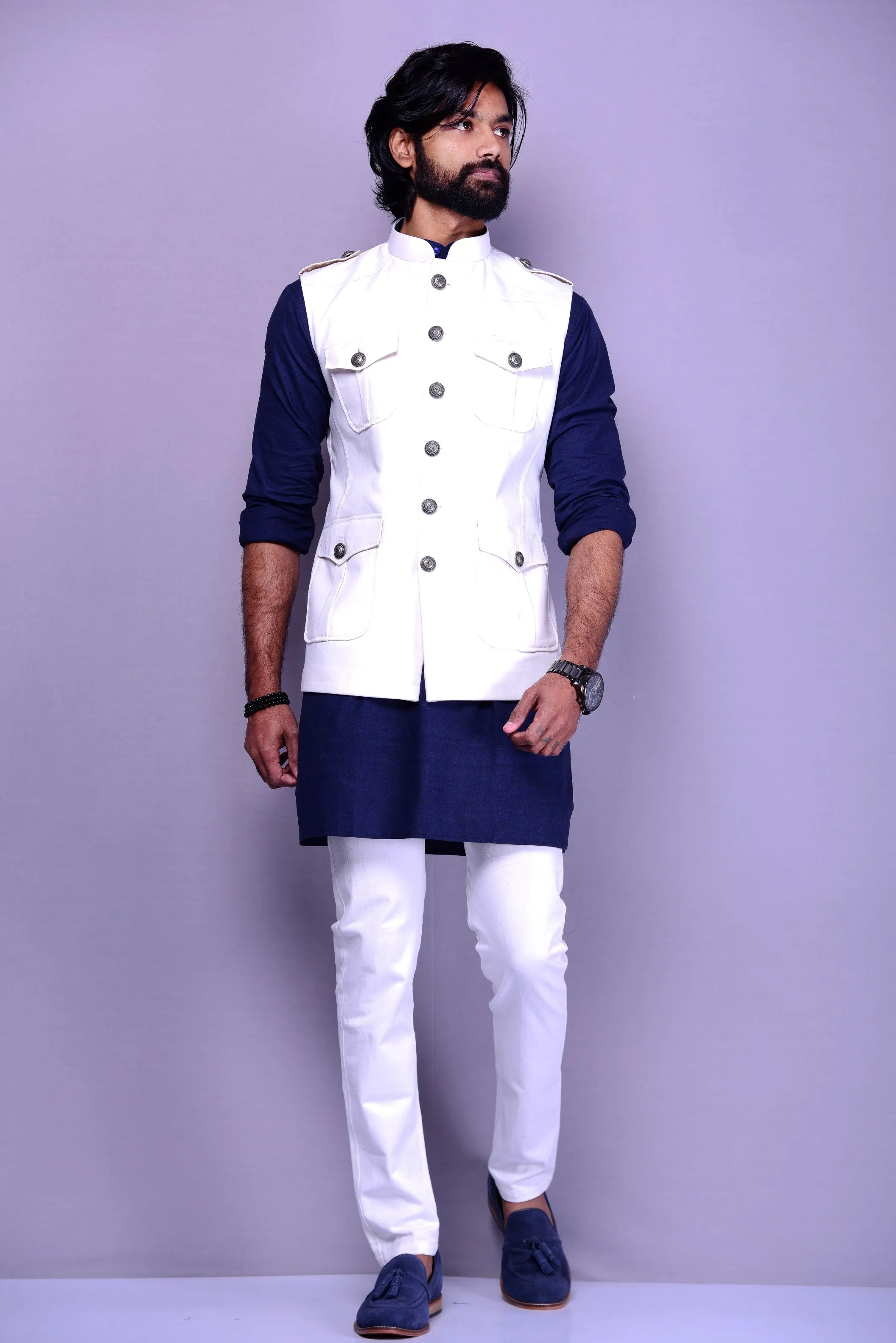 White Color Semi Hunting Jodhpuri Jacket