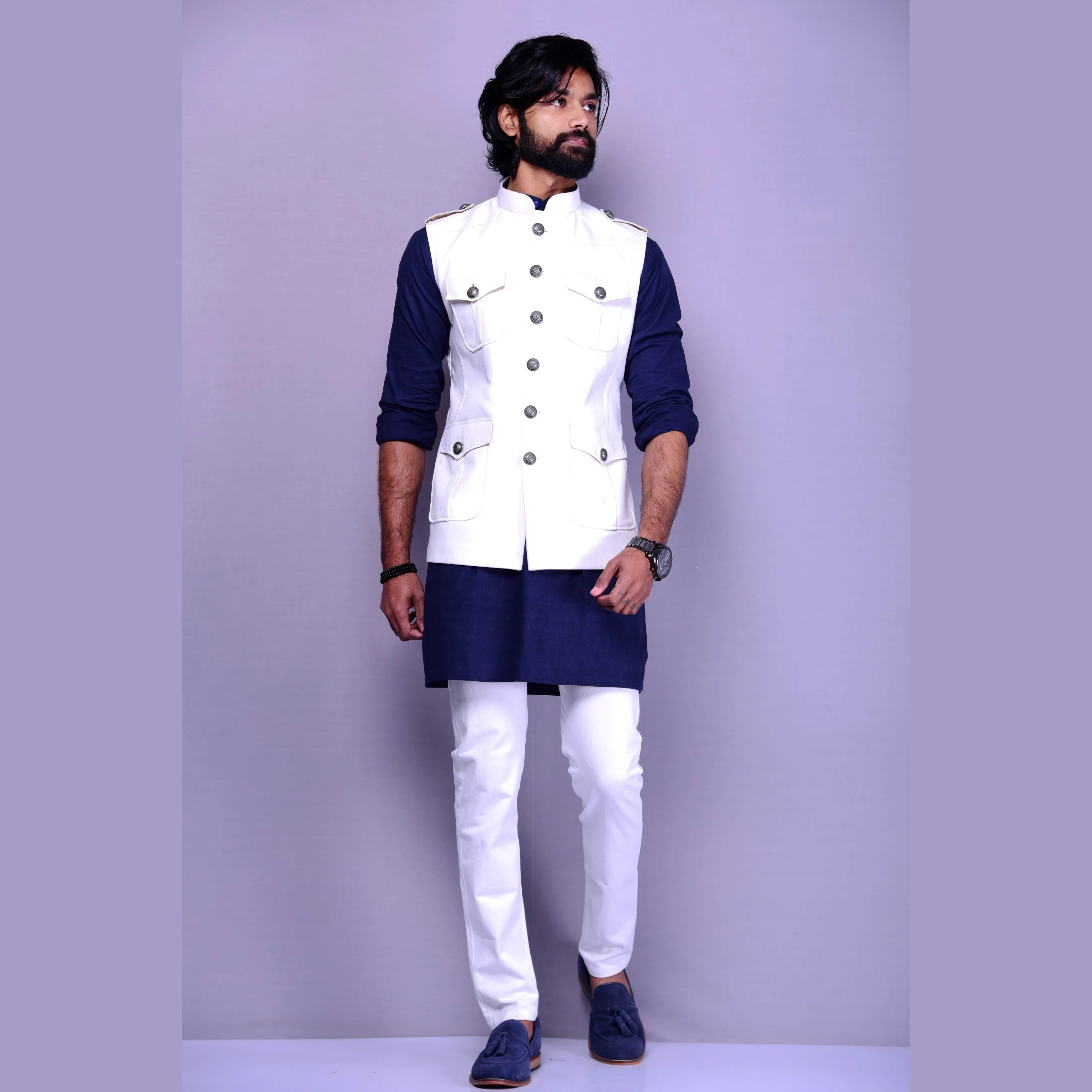 White Color Semi Hunting Jodhpuri Jacket