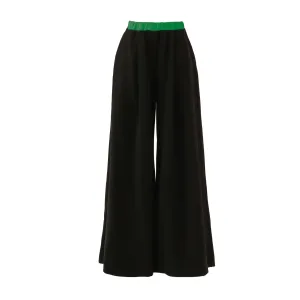 Wide-Leg Black Trousers With Contrasting Waistband Green