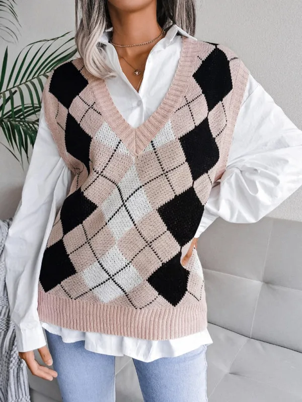 Women's diamond V-neck casual loose knit vest sweater