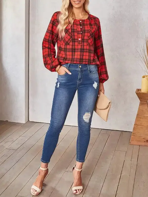 Women’s fashion check Round Neck Shirt