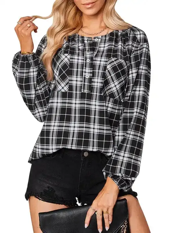 Women’s fashion check Round Neck Shirt