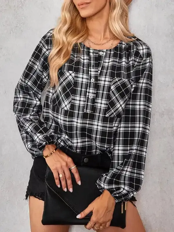 Women’s fashion check Round Neck Shirt