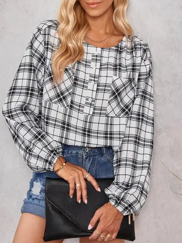 Women’s fashion check Round Neck Shirt