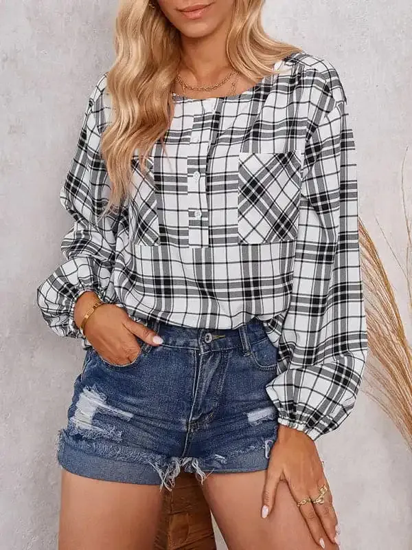 Women’s fashion check Round Neck Shirt