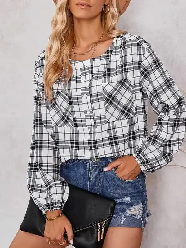 Women’s fashion check Round Neck Shirt