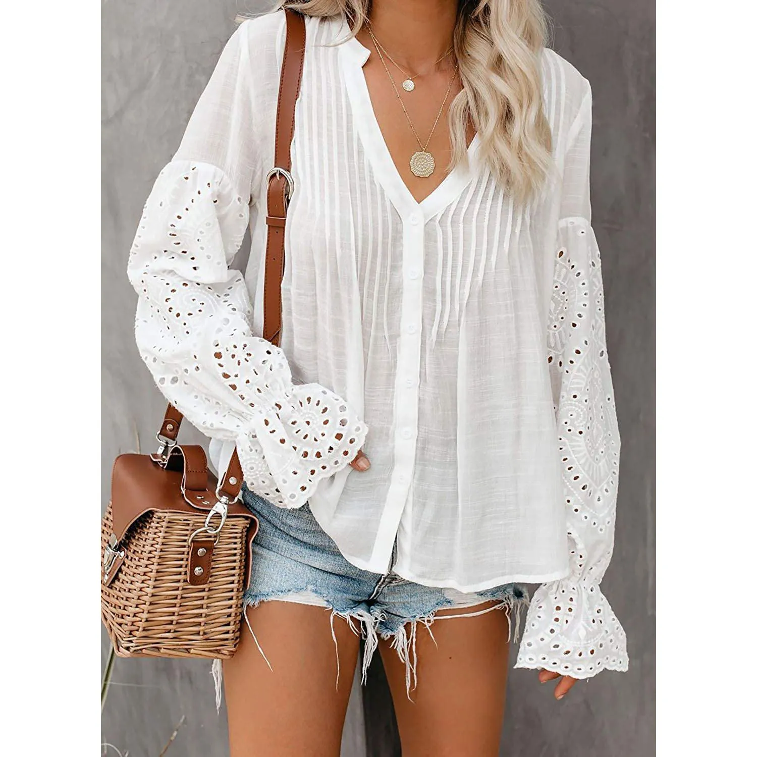 Women's Lace Crochet V-Neck Top