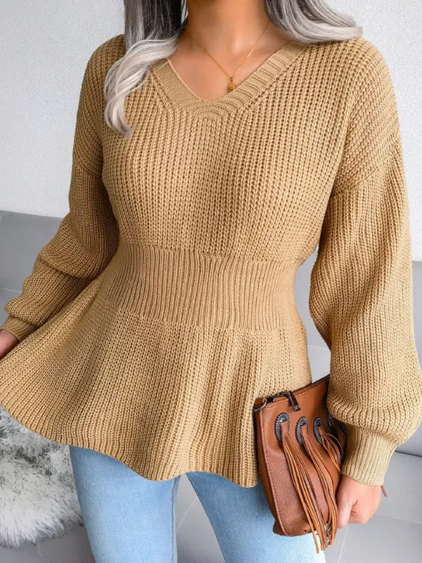 Women's Lantern Sleeve waist closed hem Ruffle knitted sweater