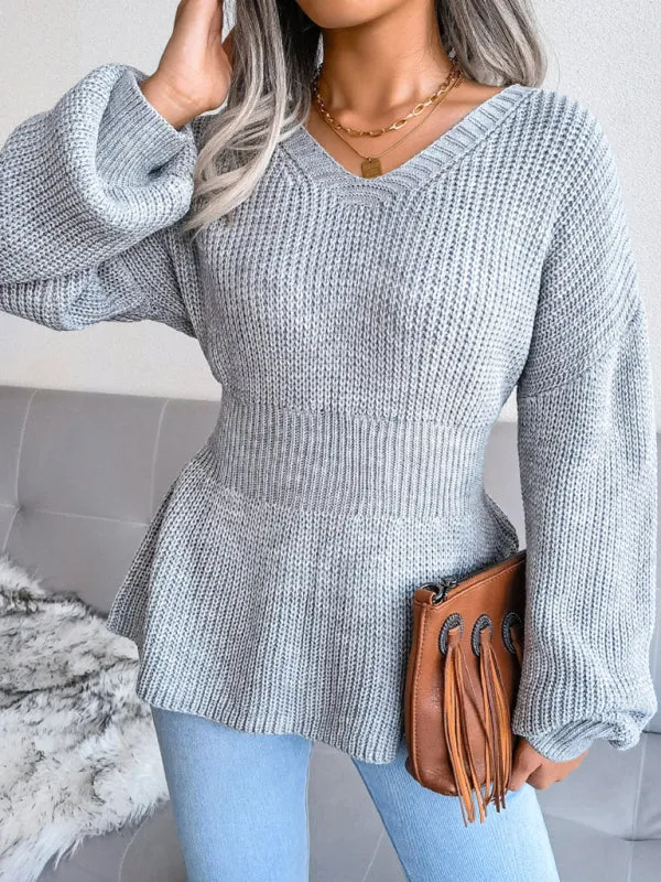 Women's Lantern Sleeve waist closed hem Ruffle knitted sweater