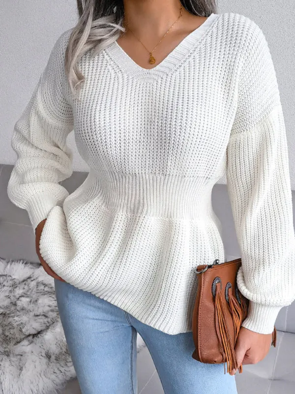 Women's Lantern Sleeve waist closed hem Ruffle knitted sweater