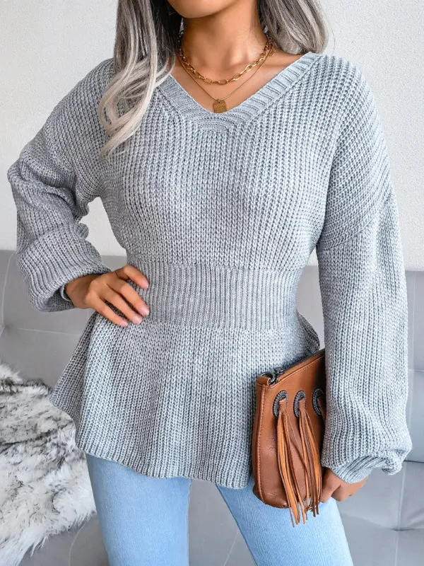 Women's Lantern Sleeve waist closed hem Ruffle knitted sweater