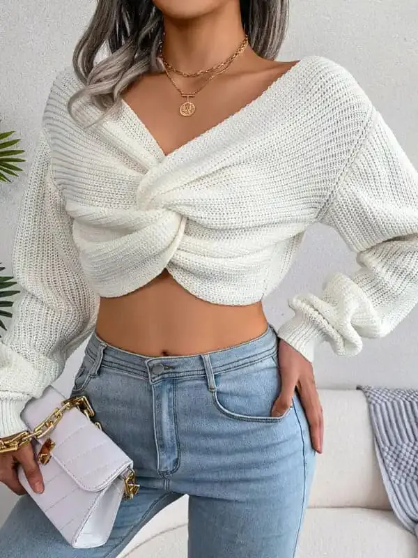 Women’s long sleeve knotted open navel knitted sweater