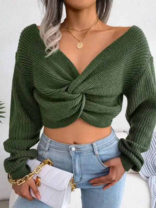 Women’s long sleeve knotted open navel knitted sweater