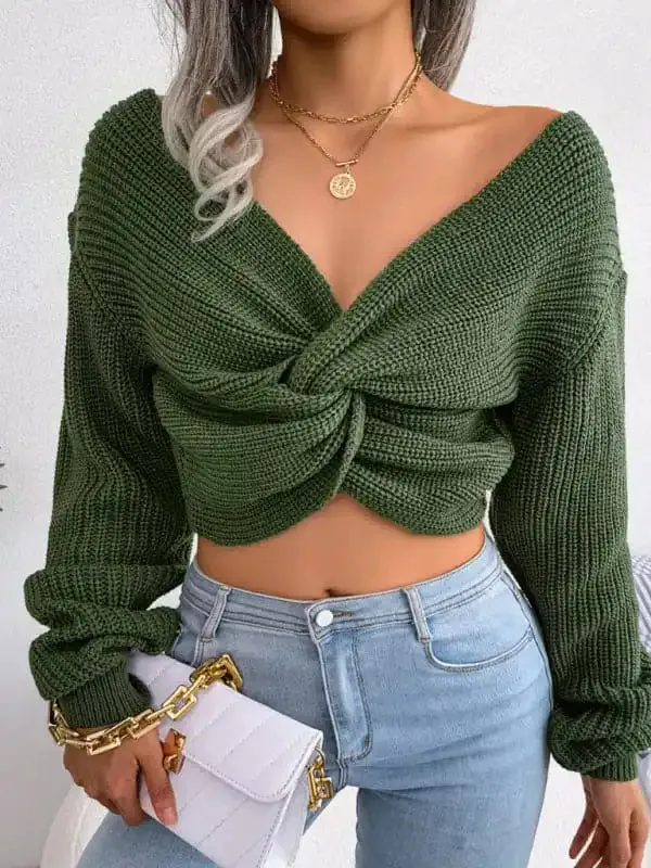 Women’s long sleeve knotted open navel knitted sweater