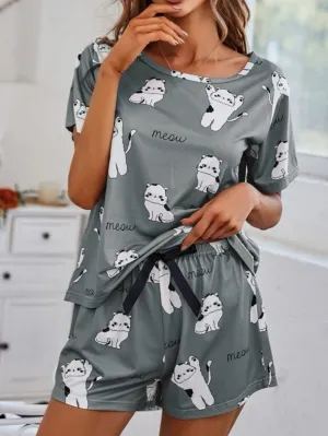 Women's Two-piece Sets Comfortable Allover Kitty Print Short Sleeve Shorts Pajama Sets