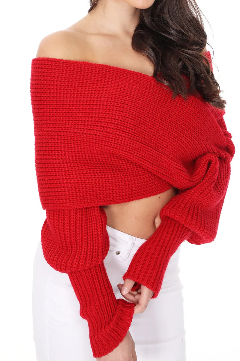 YEMAK Sexy Off The Shoulder Long Sleeve Wrap Sweater Shawl With Sleeve KC003