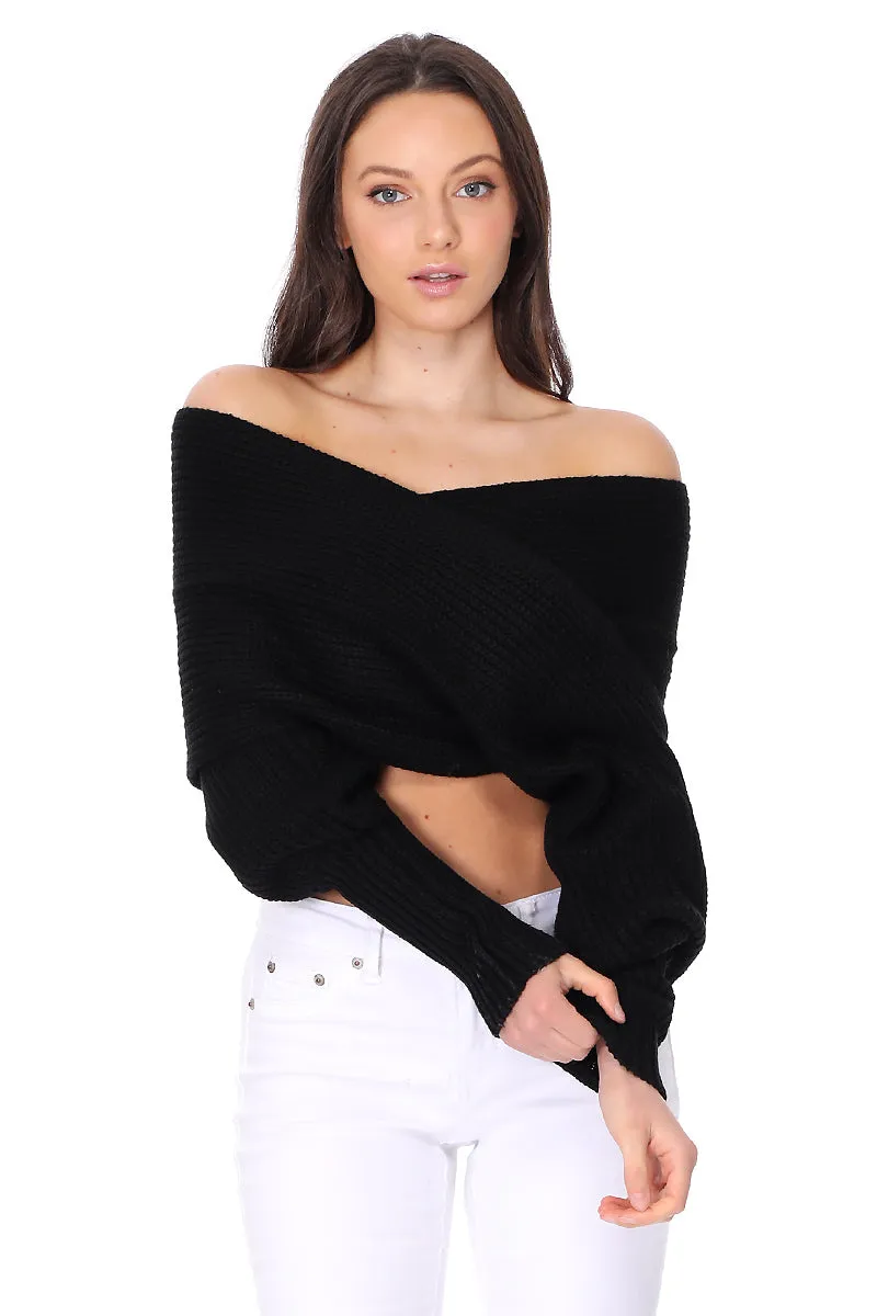 YEMAK Sexy Off The Shoulder Long Sleeve Wrap Sweater Shawl With Sleeve KC003