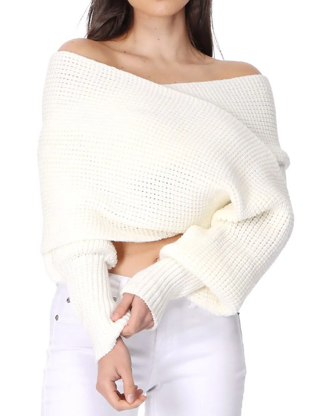 YEMAK Sexy Off The Shoulder Long Sleeve Wrap Sweater Shawl With Sleeve KC003